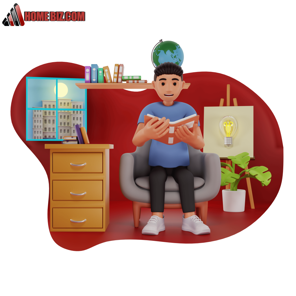 Home Biz Man reading book while sitting on sofa 3d Character Illustration